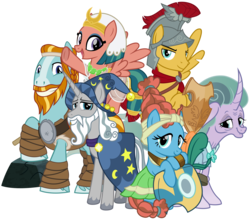 Size: 4100x3600 | Tagged: safe, artist:cheezedoodle96, flash magnus, meadowbrook, mistmane, rockhoof, somnambula, star swirl the bearded, earth pony, pegasus, pony, unicorn, g4, shadow play, .svg available, cute, female, glowpaz, group shot, healer's mask, helmet, looking at you, male, mare, mask, meadowcute, netitus, pillars of equestria, rockhoof's shovel, shield, simple background, smiling, somnambetes, stallion, svg, transparent background, vector