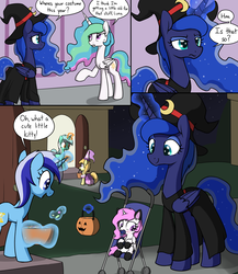 Size: 2000x2300 | Tagged: safe, artist:skitter, lyra heartstrings, minuette, noi, princess celestia, princess luna, cat, g4, age regression, blushing, candy, cewestia, clothes, costume, cute, cutelestia, diaper, female, filly, food, halloween, high res, holiday, lunabetes, nightmare night, pacifier, pink-mane celestia, royal sisters, stroller, witch, younger
