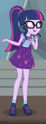 Size: 540x1429 | Tagged: safe, screencap, sci-twi, twilight sparkle, equestria girls, g4, my little pony equestria girls: better together, star crossed, bag, clothes, converse, cropped, female, geode of telekinesis, glasses, ponytail, shoes, skirt, smiling, socks
