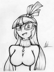 Size: 1369x1835 | Tagged: safe, artist:megabottons, moondancer, equestria girls, g4, breasts, busty moondancer, clothes, equestria girls-ified, female, glasses, monochrome, smiling, solo, sweater, traditional art
