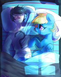 Size: 757x956 | Tagged: safe, artist:mewball, color edit, edit, rainbow dash, oc, oc:anon, human, g4, anon with a face, bed, colored, cute, dashabetes, duo, female, human fetish, humie, male, sleeping, straight
