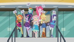 Size: 1920x1080 | Tagged: safe, edit, edited screencap, editor:yoshimon1, screencap, applejack, fluttershy, pinkie pie, rainbow dash, rarity, sci-twi, sunset shimmer, twilight sparkle, equestria girls, g4, my little pony equestria girls: better together, the finals countdown, clothes, converse, geode of empathy, geode of shielding, geode of sugar bombs, geode of super speed, geode of super strength, humane five, humane seven, humane six, magical geodes, pantyhose, shoes, when you see it