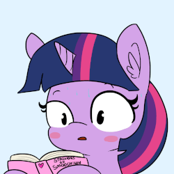 Size: 1650x1650 | Tagged: safe, artist:tjpones, twilight sparkle, pony, unicorn, g4, animated, blush sticker, blushing, book, bust, caught, cute, ear fluff, embarrassed, female, gif, gray background, hoof hold, open mouth, reading, romance novel, she knows, simple background, solo, sweat, sweating profusely, twiabetes