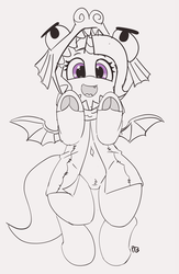 Size: 2883x4427 | Tagged: safe, artist:pabbley, trixie, pony, unicorn, uncommon bond, 30 minute art challenge, bat wings, belly button, board game, clothes, costume, cute, diatrixes, dragon pit, female, looking at you, monochrome, open mouth, partial color, solo, underhoof