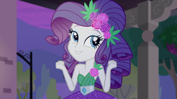 Size: 1920x1080 | Tagged: safe, screencap, rarity, equestria girls, g4, my little pony equestria girls: better together, pinkie sitting, crystal gala dress, female, sleeveless, solo