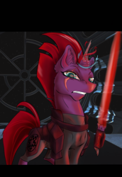 Size: 2043x2971 | Tagged: safe, artist:firimil, tempest shadow, fanfic:star wars: my little sith lord, g4, my little pony: the movie, broken horn, crossover, eye scar, fanfic, fanfic art, fanfic cover, female, high res, horn, lightsaber, magic, scar, sith, solo, star wars, telekinesis, weapon