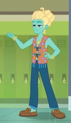Size: 414x719 | Tagged: safe, screencap, zephyr breeze, equestria girls, g4, my little pony equestria girls: better together, overpowered (equestria girls), clothes, cropped, hippie, male, pants, shoes, smiling, solo