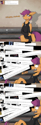 Size: 750x2250 | Tagged: safe, artist:conmanwolf, discord, scootaloo, pegasus, pony, ask factory scootaloo, fanfic:rainbow factory, g4, animated, clothes, comic, factory scootaloo, pipe, shadow