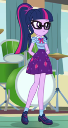 Size: 400x750 | Tagged: safe, screencap, sci-twi, twilight sparkle, equestria girls, equestria girls series, g4, overpowered (equestria girls), clothes, cropped, cymbals, drum kit, drums, female, glasses, hands behind back, hi-hat, musical instrument, outfit catalog, ponytail, solo