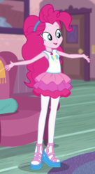 Size: 400x735 | Tagged: safe, screencap, pinkie pie, equestria girls, equestria girls series, g4, pinkie sitting, clothes, cropped, cute, diapinkes, female, geode of sugar bombs, indoors, open mouth, outfit catalog, pantyhose, rah rah skirt, skirt, solo