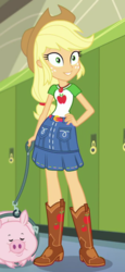 Size: 450x980 | Tagged: safe, screencap, applejack, pig, a queen of clubs, equestria girls, g4, my little pony equestria girls: better together, boots, canterlot high, clothes, cowboy hat, cropped, denim skirt, eyes closed, female, freckles, geode of super strength, hallway, hat, lockers, outfit catalog, shoes, skirt, stetson