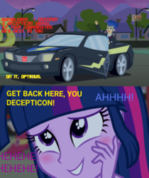 Size: 697x828 | Tagged: safe, screencap, flash sentry, twilight sparkle, equestria girls, g4, alternate timeline, autobot, bumblebee (transformers), dialogue, fall formal, image macro, laughing, meme, off screen drama, optimus prime, this will turn your muscle car against you, transformers