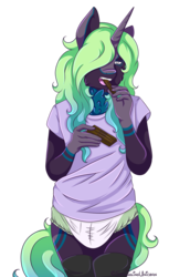 Size: 3434x5000 | Tagged: safe, artist:strugglingunicorn, oc, oc only, oc:rhett, unicorn, anthro, candy, clothes, diaper, food, kit-kat, male, non-baby in diaper, shirt, simple background, solo, transparent background