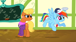 Size: 1920x1080 | Tagged: safe, screencap, ms. harshwhinny, rainbow dash, earth pony, pegasus, pony, flight to the finish, g4, annoyed, chalkboard, coach rainbow dash, eyes on the prize, looking at butt, ponyville schoolhouse, raised eyebrow