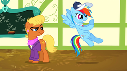 Size: 1920x1080 | Tagged: safe, screencap, ms. harshwhinny, rainbow dash, earth pony, pegasus, pony, flight to the finish, g4, chalkboard, coach rainbow dash, ponyville schoolhouse