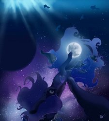 Size: 600x667 | Tagged: safe, artist:theoddlydifferentone, princess luna, alicorn, fish, pony, g4, bubble, dark, dream, ethereal mane, female, horn, looking up, lowres, missing accessory, moon, ocean, solo, space, spread wings, stars, underwater, water, wavy mane, wings
