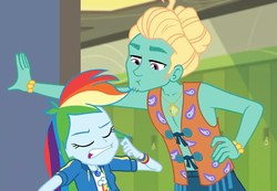 Size: 1038x720 | Tagged: safe, screencap, rainbow dash, zephyr breeze, equestria girls, equestria girls series, g4, overpowered (equestria girls), :<, cropped, eyes closed, female, flirting, geode of super speed, magical geodes, male, zephyr's necklace