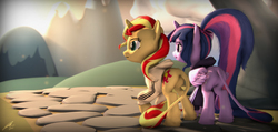 Size: 9600x4582 | Tagged: safe, artist:imafutureguitarhero, sci-twi, sunset shimmer, twilight sparkle, alicorn, classical unicorn, pony, unicorn, g4, 3d, absurd resolution, adidas, butt fluff, chromatic aberration, clothes, cloud, cobblestone street, crepuscular rays, duo, ear fluff, female, film grain, hair, hill, hoodie, horn, leonine tail, mane, messy hair, messy mane, messy tail, open mouth, particles, raised hoof, sci-twilicorn, signature, smiling, source filmmaker, tail, tail fluff, tracksuit, twilight sparkle (alicorn), unshorn fetlocks, wing fluff