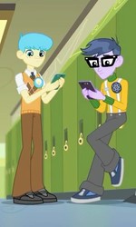 Size: 322x536 | Tagged: safe, screencap, bright idea, micro chips, equestria girls, g4, my little pony equestria girls: better together, overpowered (equestria girls), background human, clothes, cropped, glasses, male, pants, phone, shoes, smiling, sneakers
