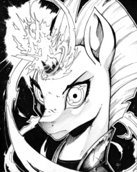 Size: 3319x4165 | Tagged: safe, artist:alts-art, tempest shadow, pony, unicorn, my little pony: the movie, armor, badass, black and white, broken horn, bust, epic, eye scar, female, glowing horn, grayscale, high res, inktober, looking at you, magic, mare, monochrome, portrait, scar, sketch, solo, sparking horn, traditional art