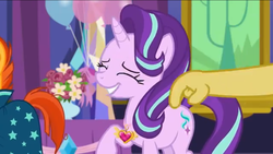 Size: 1136x640 | Tagged: safe, discord, starlight glimmer, sunburst, celestial advice, g4, season 7, balloon, big smile, equestrian pink heart of courage, eyes closed, flower, happy, paws, tail, tapping