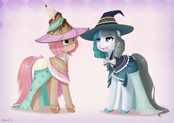 Size: 1754x1240 | Tagged: safe, artist:pezzhippo, oc, oc only, oc:seafoam, oc:sweet skies, earth pony, pegasus, pony, blood, blushing, clothes, costume, female, hat, heart eyes, implied lesbian, mare, nosebleed, shipping, shoes, wingding eyes, witch hat
