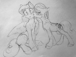 Size: 4032x3024 | Tagged: safe, artist:silfoe, princess luna, oc, oc:light heart, alicorn, earth pony, pegasus, pony, royal sketchbook, :<, :t, blushing, canon x oc, cheek kiss, cute, eyes closed, female, floppy ears, freckles, grayscale, kissing, lesbian, lunabetes, mare, monochrome, race swap, short mane, sitting, sketch, spread wings, surprise kiss, surprised, traditional art, wide eyes, wing fluff, wings, younger