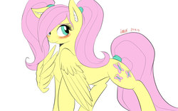 Size: 3000x1875 | Tagged: safe, artist:alesarox, fluttershy, pony, g4, alternate hairstyle, blushing, cute, female, hair over one eye, pigtails, shy, shyabetes, simple background, solo, tail wrap, twintails, white background