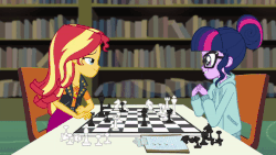 Size: 800x450 | Tagged: safe, screencap, sci-twi, sunset shimmer, twilight sparkle, equestria girls, g4, my little pony equestria girls: better together, the finals countdown, animated, book, bookshelf, checklist, chess, chessboard, clothes, cute, eyes closed, female, gendo pose, gif, hoodie, laughing, library, lidded eyes, looking at each other, smiling, smugset shimmer, twiabetes