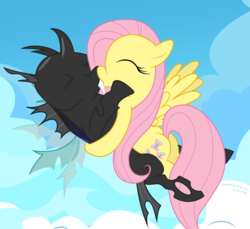 Size: 1002x918 | Tagged: safe, artist:blargsnarf, fluttershy, changeling, g4, explicit source, eyes closed, fangs, flying, hug, kissing, shipping, spread wings, wings