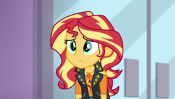 Size: 1280x720 | Tagged: safe, screencap, sunset shimmer, a fine line, equestria girls, g4, my little pony equestria girls: better together, clothes, disappointed, door, female, geode of empathy, solo