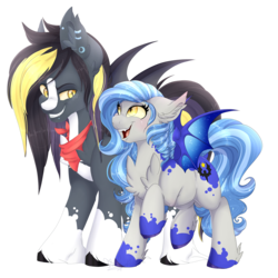 Size: 4500x4500 | Tagged: safe, artist:pvrii, oc, oc only, oc:gusty sky, oc:midnight radiance, bat pony, pony, absurd resolution, bat pony oc, clothes, duo, ear piercing, earring, female, grin, jewelry, looking at each other, male, mare, open mouth, piercing, scarf, simple background, smiling, stallion, transparent background