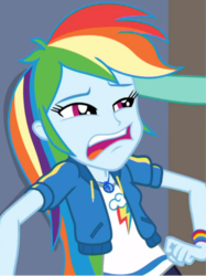 Size: 524x699 | Tagged: safe, screencap, rainbow dash, zephyr breeze, equestria girls, g4, my little pony equestria girls: better together, overpowered (equestria girls), clothes, disgusted, do not want, faic, female, geode of super speed, jacket, magical geodes, rainbow dash is best facemaker, solo