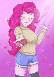 Size: 2893x4092 | Tagged: safe, artist:sumin6301, pinkie pie, equestria girls, g4, box, breasts, clothes, cute, diapinkes, eyes closed, female, food, heart, high res, kneesocks, offering, open mouth, pocky, shorts, snack, socks, solo, stupid sexy pinkie, sweater