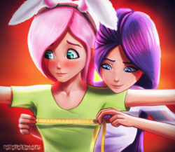 Size: 1839x1598 | Tagged: dead source, safe, artist:bellheller, fluttershy, rarity, human, g4, blushing, breasts, bunny ears, clothes, cute, duo, flattershy, humanized, measuring tape, shyabetes
