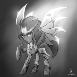 Size: 1920x1920 | Tagged: safe, artist:zidanemina, tempest shadow, pony, wyvern, g4, my little pony: the movie, armor, broken horn, female, grayscale, horn, mare, monochrome, raised hoof, saint seiya, solo