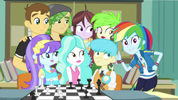 Size: 1920x1080 | Tagged: safe, screencap, aqua blossom, bright idea, cherry crash, paisley, rainbow dash, sandalwood, teddy t. touchdown, velvet sky, a queen of clubs, equestria girls, equestria girls series, g4, background human, chess, chess club, chessboard, geode of super speed, group photo, magical geodes, photobomb