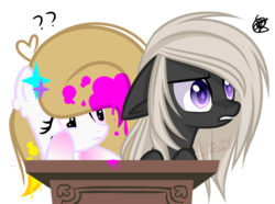 Size: 1023x763 | Tagged: safe, artist:snowbunny0820, oc, oc only, oc:jack, oc:spring splat, pony, base used, female, hair over one eye, male, mare, simple background, stallion, table, transparent background