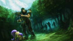 Size: 1920x1080 | Tagged: safe, artist:assasinmonkey, fluttershy, human, pony, g4, axe, bolter, carapace armor, crossover, cultist, everfree forest, fanfic, fanfic art, forest, gun, scared, scout marine, space marine, space wolves, traitor guard, trigger discipline, warhammer (game), warhammer 40k, weapon, wolf scout