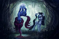 Size: 1620x1080 | Tagged: safe, artist:assasinmonkey, oc, oc only, oc:maneia, oc:nocturna, pony, unicorn, floating, forest, frown, magic, obsession is magic, puddle, smiling, upside down, water