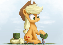Size: 3000x2185 | Tagged: safe, artist:ncmares, applejack, rainbow dash, pony, g4, apple, big-apple-pony, female, food, giant pony, high res, macro, solo, tree