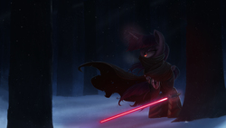 Size: 2832x1592 | Tagged: safe, artist:ncmares, twilight sparkle, alicorn, pony, g4, cape, clothes, crossover, female, lightsaber, mare, scarf, sith, snow, snowfall, solo, star wars, twilight sparkle (alicorn), wallpaper, weapon