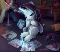 Size: 1686x1452 | Tagged: safe, artist:eiolf, rarity, pony, unicorn, g4, drawing, drink, fabric, fashion, feather boa, female, fur scarf, magic, mannequin, mare, quill, solo, telekinesis, working