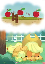 Size: 3000x4286 | Tagged: safe, artist:discorded, applejack, pony, g4, apple, counting sheep, dream, drool, fence, food, grass, silly, silly pony, sleeping, that pony sure does love apples, tree