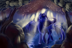 Size: 3000x2000 | Tagged: dead source, safe, artist:viwrastupr, princess luna, alicorn, pony, g4, backlighting, crepuscular rays, female, forest, high res, mare, solo, spread wings, water, wings