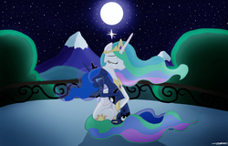 Size: 1701x1087 | Tagged: safe, artist:walliscolours, princess celestia, princess luna, alicorn, pony, balcony, comforting, crying, duo, fanfic in the description, feels, female, full moon, happy, hug, moon, night, sad, security hug, sisters, stars, story included