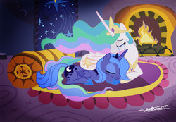 Size: 2177x1504 | Tagged: safe, artist:walliscolours, princess celestia, princess luna, alicorn, pony, g4, crying, fanfic in the description, female, fireplace, royal sisters, s1 luna, siblings, sisters