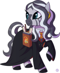 Size: 800x962 | Tagged: safe, artist:stasysolitude, zecora, zebra, g4, clothes, costume, female, harry potter (series), hermione granger, raised hoof, simple background, smiling, solo, transparent background