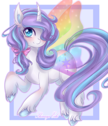 Size: 6000x7000 | Tagged: safe, artist:shimayaeiko, oc, oc only, pony, unicorn, absurd resolution, artificial wings, augmented, blushing, bow, butterfly wings, female, hair bow, hair over one eye, looking at you, magic, magic wings, mare, smiling, solo, unshorn fetlocks, wings