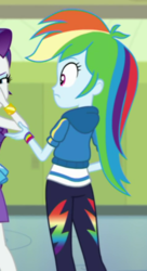 Size: 317x582 | Tagged: safe, screencap, rainbow dash, rarity, a queen of clubs, equestria girls, equestria girls series, g4, bracelet, clothes, cropped, female, jewelry, leggings, pants, rarity peplum dress, rear view, shirt, sweater, teenager, wristband